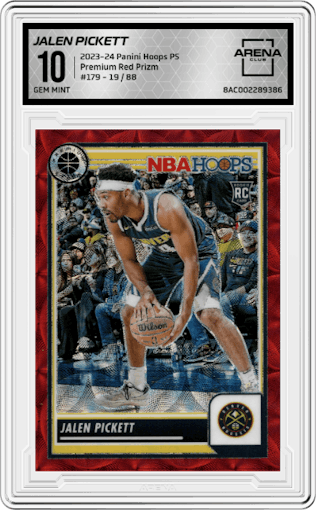 Jalen Pickett from the 2023-24 Panini Hoops Premium Stock set featuring a Premium Red Prizm parallel graded by Arena Club and given an overall grade of 10.