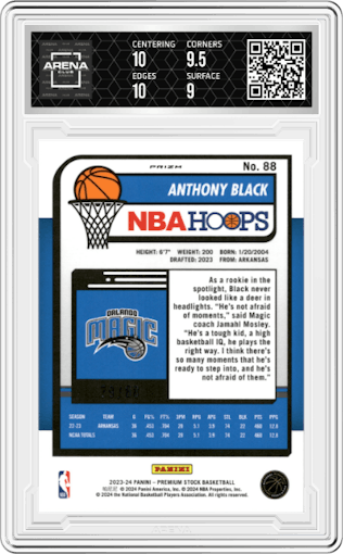 Anthony Black from the 2023-24 Panini Hoops Premium Stock set featuring a Premium Red Prizm parallel graded by Arena Club and given an overall grade of 9.5.