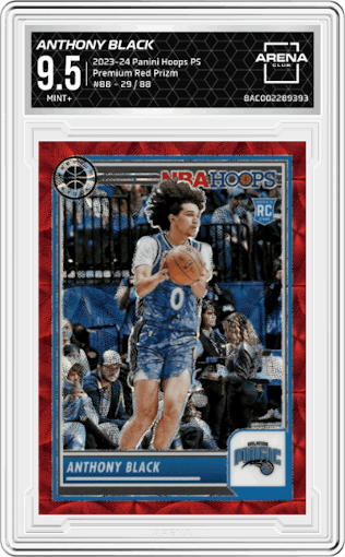 Anthony Black from the 2023-24 Panini Hoops Premium Stock set featuring a Premium Red Prizm parallel graded by Arena Club and given an overall grade of 9.5.