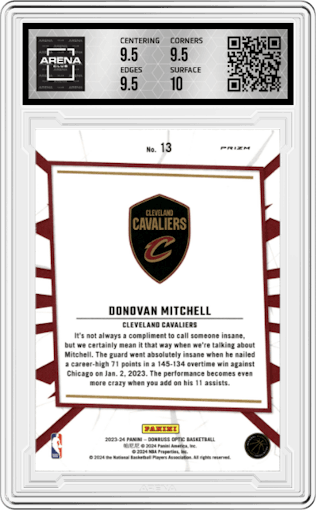 Donovan Mitchell from the 2023-24 Donruss Optic set featuring a Green Shock parallel graded by Arena Club and given an overall grade of 10.