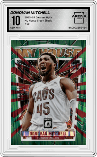 Donovan Mitchell from the 2023-24 Donruss Optic set featuring a Green Shock parallel graded by Arena Club and given an overall grade of 10.