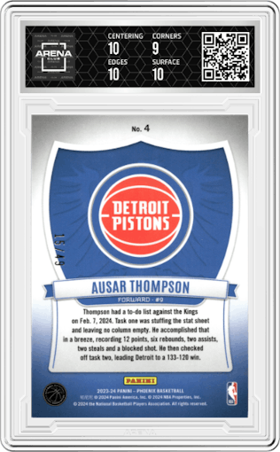 Ausar Thompson  from the 2023-24 Panini Phoenix set featuring a Orange parallel graded by Arena Club and given an overall grade of 9.5.