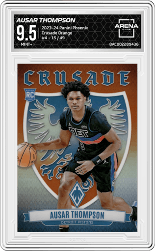 Ausar Thompson  from the 2023-24 Panini Phoenix set featuring a Orange parallel graded by Arena Club and given an overall grade of 9.5.