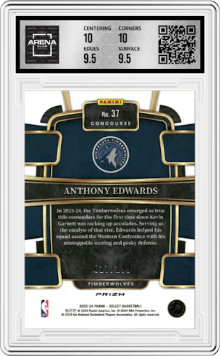 Anthony Edwards from the 2023-24 Panini Select  set featuring a Red Prizm parallel graded by Arena Club and given an overall grade of 10.