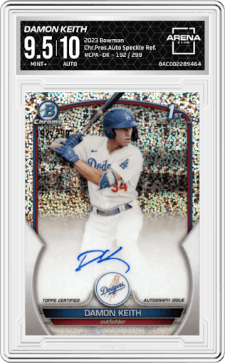 Damon Keith from the 2023 Bowman  set featuring a Speckle Refractor parallel graded by Arena Club and given an overall grade of 9.5.
