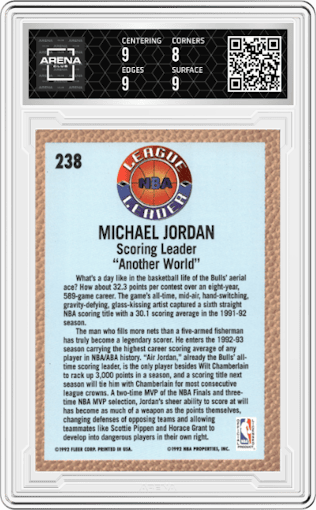 Michael Jordan from the 1992-93 Fleer  set graded by Arena Club and given an overall grade of 8.5.