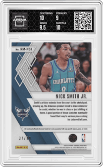 Nick Smith Jr. from the 2023-24 Panini Phoenix set featuring a Purple parallel graded by Arena Club and given an overall grade of 9.5.