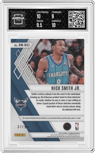 Nick Smith Jr. from the 2023-24 Panini Phoenix set featuring a Purple parallel graded by Arena Club and given an overall grade of 9.5.