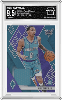 Nick Smith Jr. from the 2023-24 Panini Phoenix set featuring a Purple parallel graded by Arena Club and given an overall grade of 9.5.