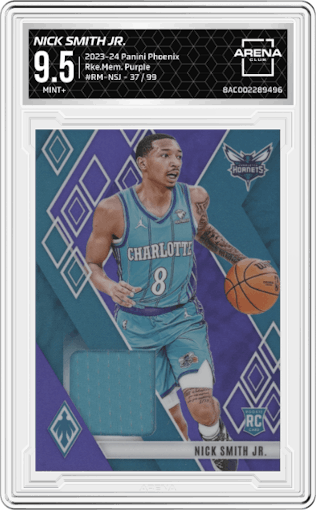 Nick Smith Jr. from the 2023-24 Panini Phoenix set featuring a Purple parallel graded by Arena Club and given an overall grade of 9.5.