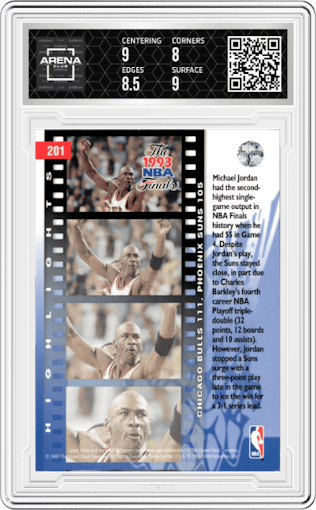 Michael Jordan from the 1993-94 Upper Deck  set graded by Arena Club and given an overall grade of 8.5.
