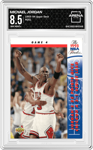 Michael Jordan from the 1993-94 Upper Deck  set graded by Arena Club and given an overall grade of 8.5.