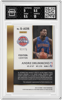 Andre Drummond from the 2014-15 Panini Select set graded by Arena Club and given an overall grade of 9.5.