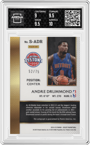 Andre Drummond from the 2014-15 Panini Select set graded by Arena Club and given an overall grade of 9.5.