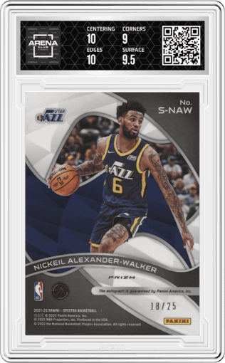 Nickeil Alexander-Walker from the 2021-22 Panini Spectra set featuring a Meta parallel graded by Arena Club and given an overall grade of 9.5.