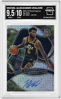 Nickeil Alexander-Walker from the 2021-22 Panini Spectra set featuring a Meta parallel graded by Arena Club and given an overall grade of 9.5.