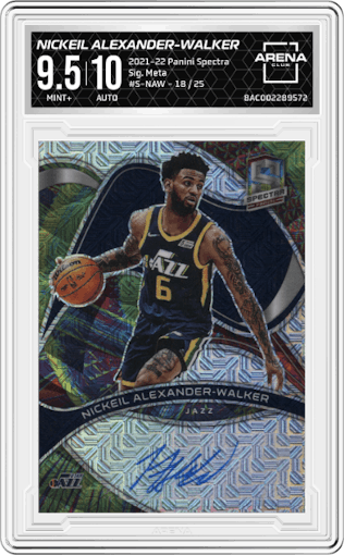 Nickeil Alexander-Walker from the 2021-22 Panini Spectra set featuring a Meta parallel graded by Arena Club and given an overall grade of 9.5.