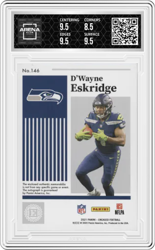 D'Wayne Eskridge from the 2021 Panini Encased set graded by Arena Club and given an overall grade of 9.