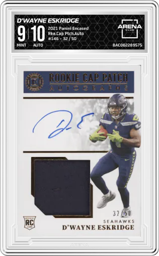 D'Wayne Eskridge from the 2021 Panini Encased set graded by Arena Club and given an overall grade of 9.