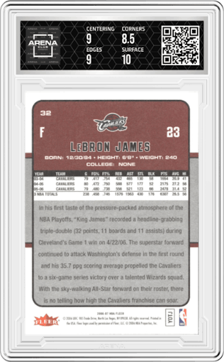 Lebron James from the 2006-07 Fleer set graded by Arena Club and given an overall grade of 9.