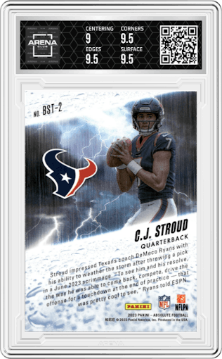 C.J. Stroud from the 2023 Panini Absolute set graded by Arena Club and given an overall grade of 9.5.
