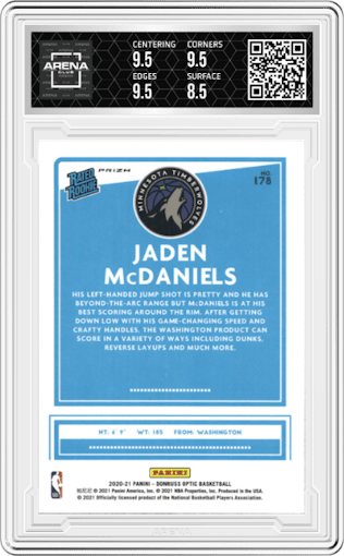 Jaden McDaniels from the 2020-21 Panini Donruss Optic set featuring a Blue Velocity  parallel graded by Arena Club and given an overall grade of 9.