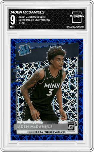 Jaden McDaniels from the 2020-21 Panini Donruss Optic set featuring a Blue Velocity  parallel graded by Arena Club and given an overall grade of 9.