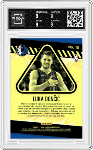 Luka Doncic from the 2020-21 Panini NBA Hoops set graded by Arena Club and given an overall grade of 9.