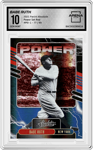 Babe Ruth from the 2021 Panini Absolute set featuring a Red parallel graded by Arena Club and given an overall grade of 10.