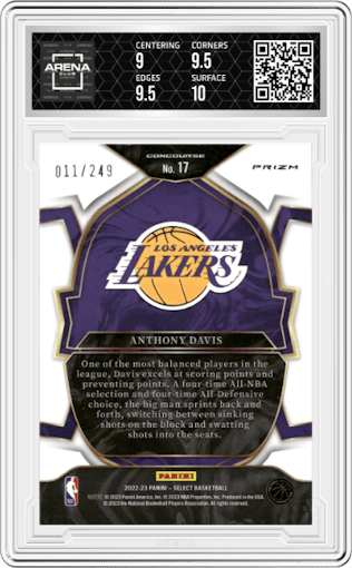 Anthony Davis  from the 2022-23 Panini Select set featuring a Blue Scope parallel graded by Arena Club and given an overall grade of 9.5.