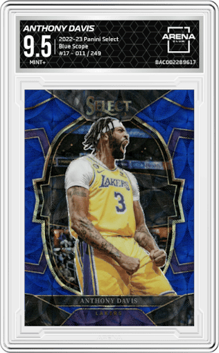 Anthony Davis  from the 2022-23 Panini Select set featuring a Blue Scope parallel graded by Arena Club and given an overall grade of 9.5.