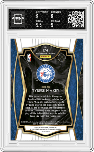Tyrese Maxey from the 2020-21 Panini Select  set featuring a Blue Prizm  parallel graded by Arena Club and given an overall grade of 9.