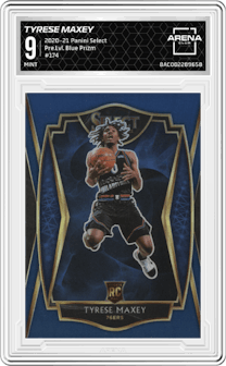 Tyrese Maxey from the 2020-21 Panini Select  set featuring a Blue Prizm  parallel graded by Arena Club and given an overall grade of 9.