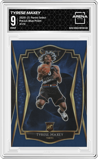 Tyrese Maxey from the 2020-21 Panini Select  set featuring a Blue Prizm  parallel graded by Arena Club and given an overall grade of 9.