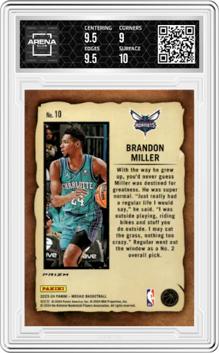 Brandon Miller from the 2023-24 Panini Mosaic set featuring a Mosaic parallel graded by Arena Club and given an overall grade of 9.5.