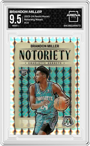Brandon Miller from the 2023-24 Panini Mosaic set featuring a Mosaic parallel graded by Arena Club and given an overall grade of 9.5.
