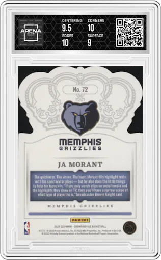 Ja Morant from the 2021-22 Crown Royale set featuring a Crystal Blue parallel graded by Arena Club and given an overall grade of 9.5.