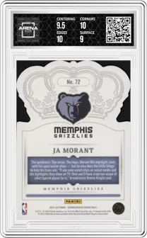 Ja Morant from the 2021-22 Crown Royale set featuring a Crystal Blue parallel graded by Arena Club and given an overall grade of 9.5.