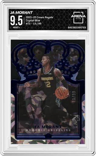 Ja Morant from the 2021-22 Crown Royale set featuring a Crystal Blue parallel graded by Arena Club and given an overall grade of 9.5.