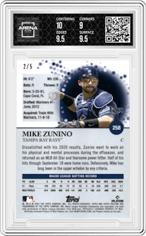 Mike Zunino from the 2022 Topps Pristine set featuring a Red Refractor parallel graded by Arena Club and given an overall grade of 9.5.