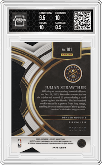 Julian Strawther from the 2023-24 Panini Select  set featuring a Die-Cut Blue parallel graded by Arena Club and given an overall grade of 9.