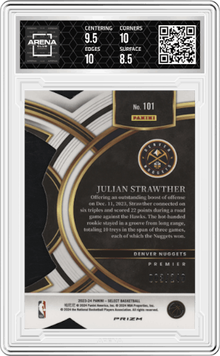 Julian Strawther from the 2023-24 Panini Select  set featuring a Die-Cut Blue parallel graded by Arena Club and given an overall grade of 9.