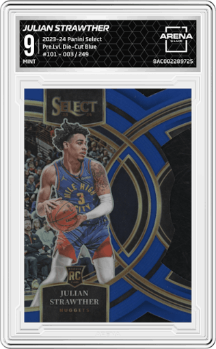 Julian Strawther from the 2023-24 Panini Select  set featuring a Die-Cut Blue parallel graded by Arena Club and given an overall grade of 9.