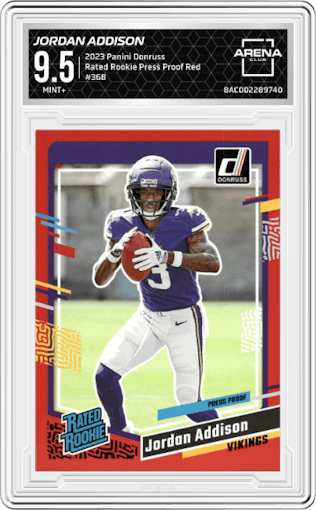 Jordan Addison from the 2023 Panini Donruss set featuring a Press Proof Red parallel graded by Arena Club and given an overall grade of 9.5.