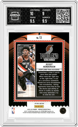 Scoot Henderson from the 2023-24 Panini Mosaic set featuring a Green Mosaic parallel graded by Arena Club and given an overall grade of 9.5.
