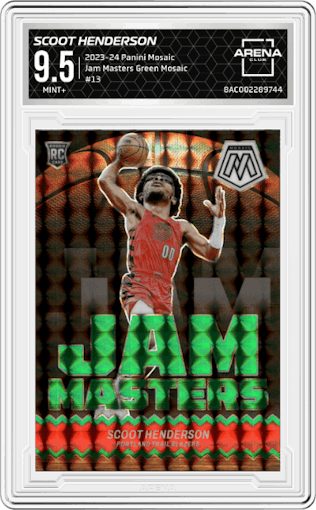 Scoot Henderson from the 2023-24 Panini Mosaic set featuring a Green Mosaic parallel graded by Arena Club and given an overall grade of 9.5.