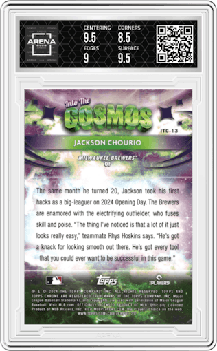 Jackson Chourio from the 2024 Topps Cosmic Chrome set graded by Arena Club and given an overall grade of 9.