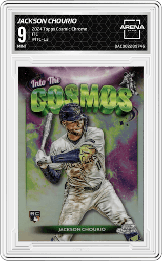 Jackson Chourio from the 2024 Topps Cosmic Chrome set graded by Arena Club and given an overall grade of 9.