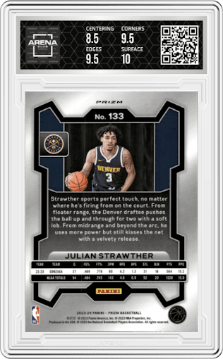 Julian Strawther from the 2023-24 Panini Prizm set featuring a Orange Ice parallel graded by Arena Club and given an overall grade of 9.