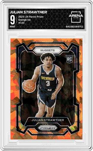 Julian Strawther from the 2023-24 Panini Prizm set featuring a Orange Ice parallel graded by Arena Club and given an overall grade of 9.